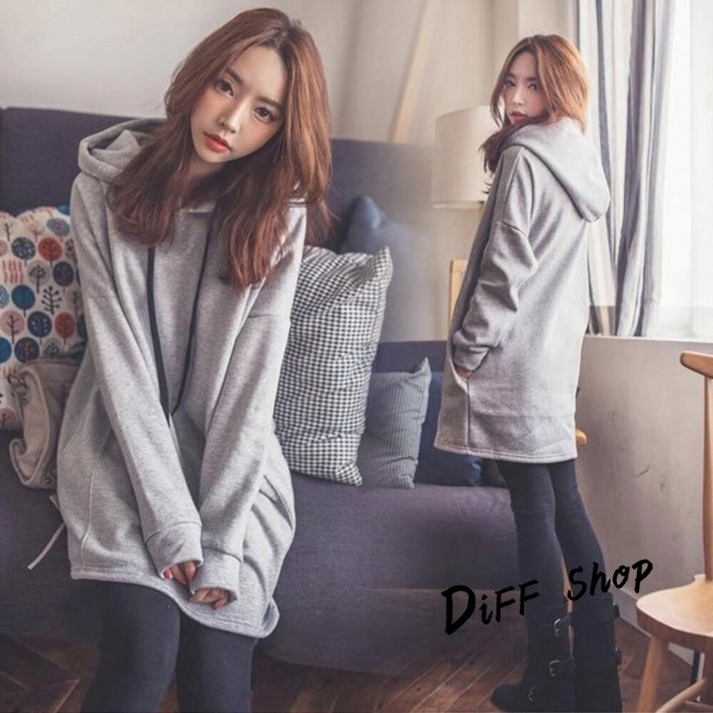 【台灣發貨】韓版素色內刷毛中長款連帽大學T 長袖上衣 長袖t恤 衣服 女裝 上衣【W47】-細節圖3