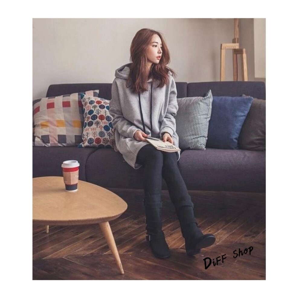 【台灣發貨】韓版素色內刷毛中長款連帽大學T 長袖上衣 長袖t恤 衣服 女裝 上衣【W47】-細節圖4