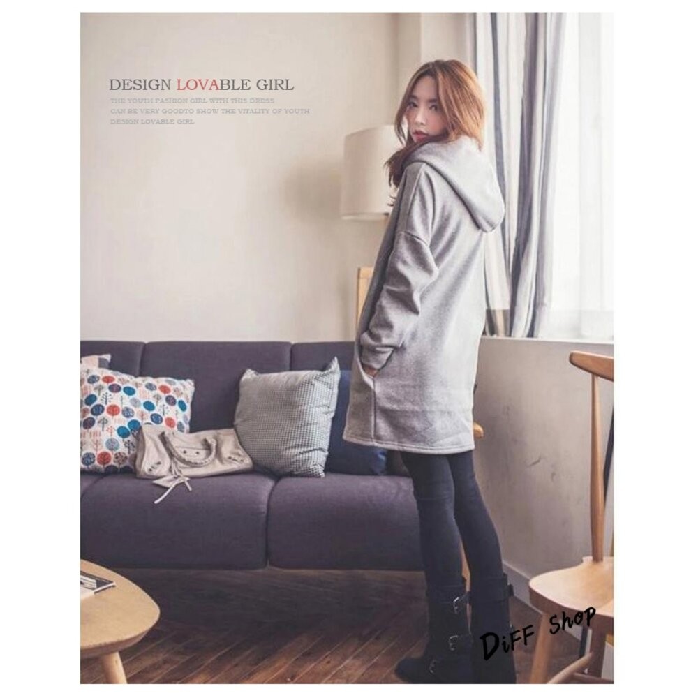 【台灣發貨】韓版素色內刷毛中長款連帽大學T 長袖上衣 長袖t恤 衣服 女裝 上衣【W47】-細節圖5