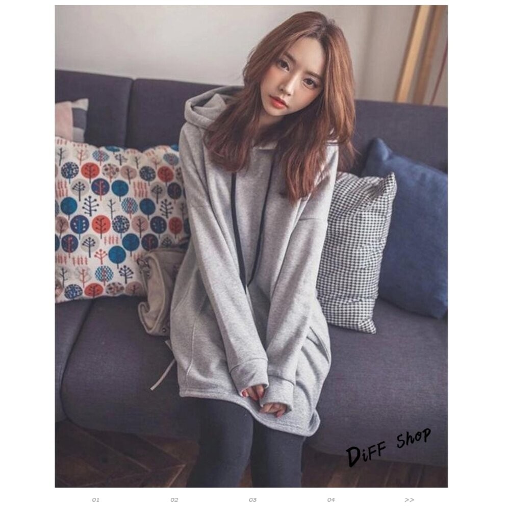 【台灣發貨】韓版素色內刷毛中長款連帽大學T 長袖上衣 長袖t恤 衣服 女裝 上衣【W47】-細節圖6