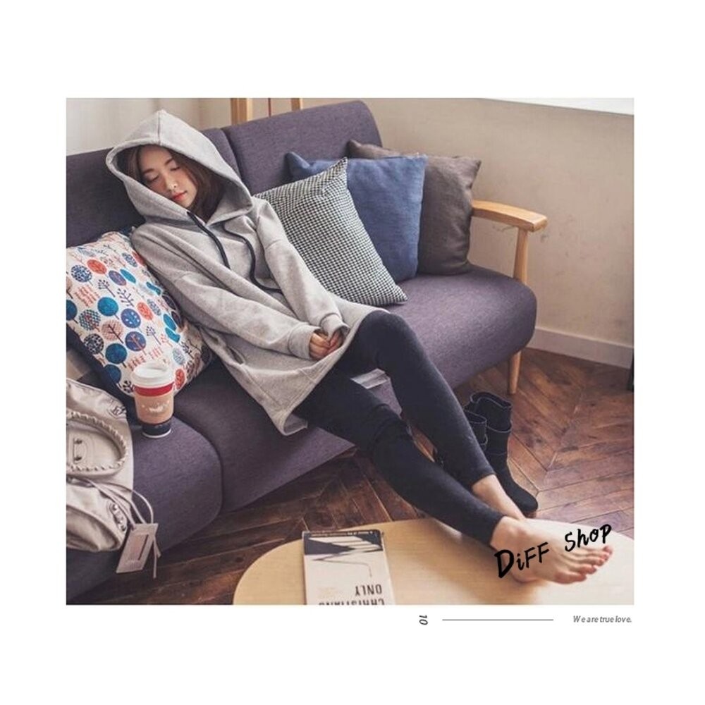 【台灣發貨】韓版素色內刷毛中長款連帽大學T 長袖上衣 長袖t恤 衣服 女裝 上衣【W47】-細節圖7