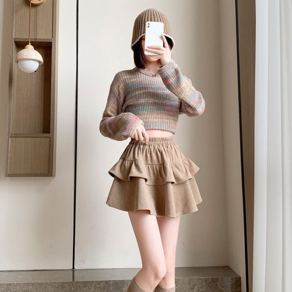 【台灣發貨】韓版燈芯絨高腰雙層蛋糕裙 內有安全褲 短褲 褲子 裙子 褲裙 女裝【P415】-細節圖2