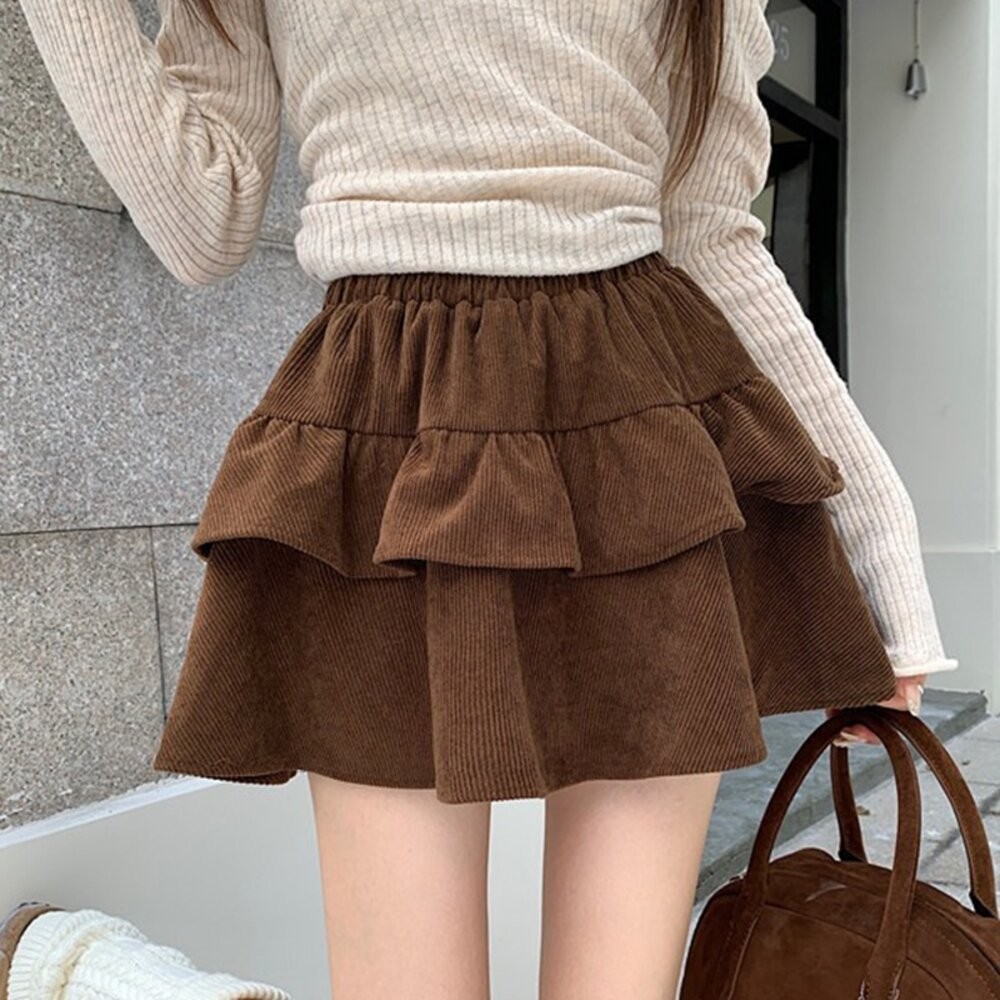 【台灣發貨】韓版燈芯絨高腰雙層蛋糕裙 內有安全褲 短褲 褲子 裙子 褲裙 女裝【P415】-細節圖3