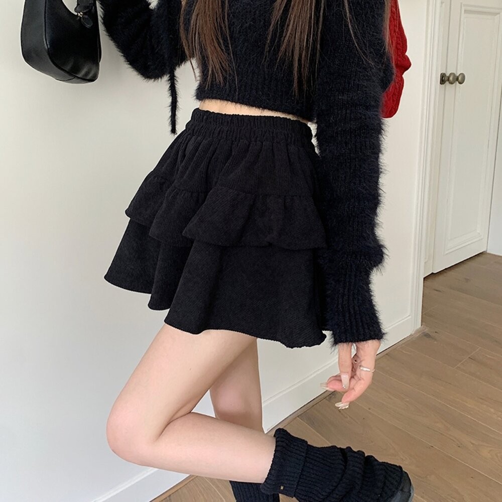 【台灣發貨】韓版燈芯絨高腰雙層蛋糕裙 內有安全褲 短褲 褲子 裙子 褲裙 女裝【P415】-細節圖4