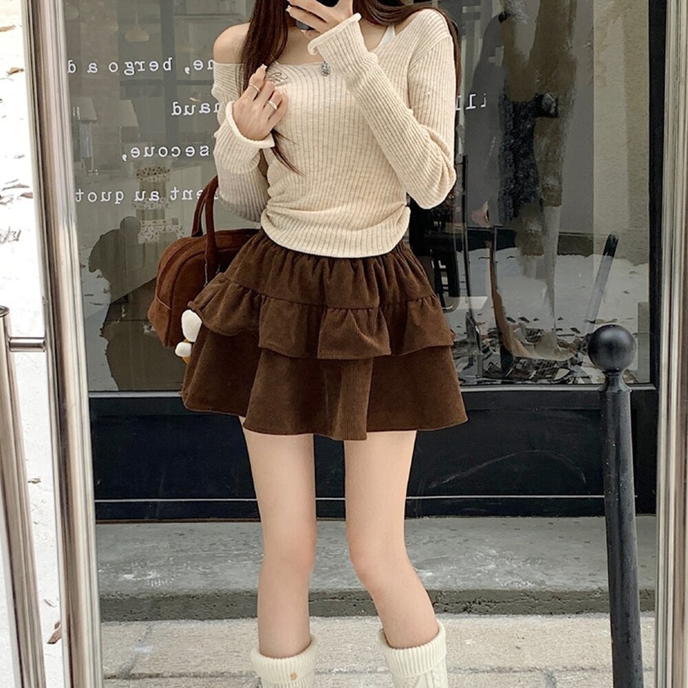 【台灣發貨】韓版燈芯絨高腰雙層蛋糕裙 內有安全褲 短褲 褲子 裙子 褲裙 女裝【P415】-細節圖5