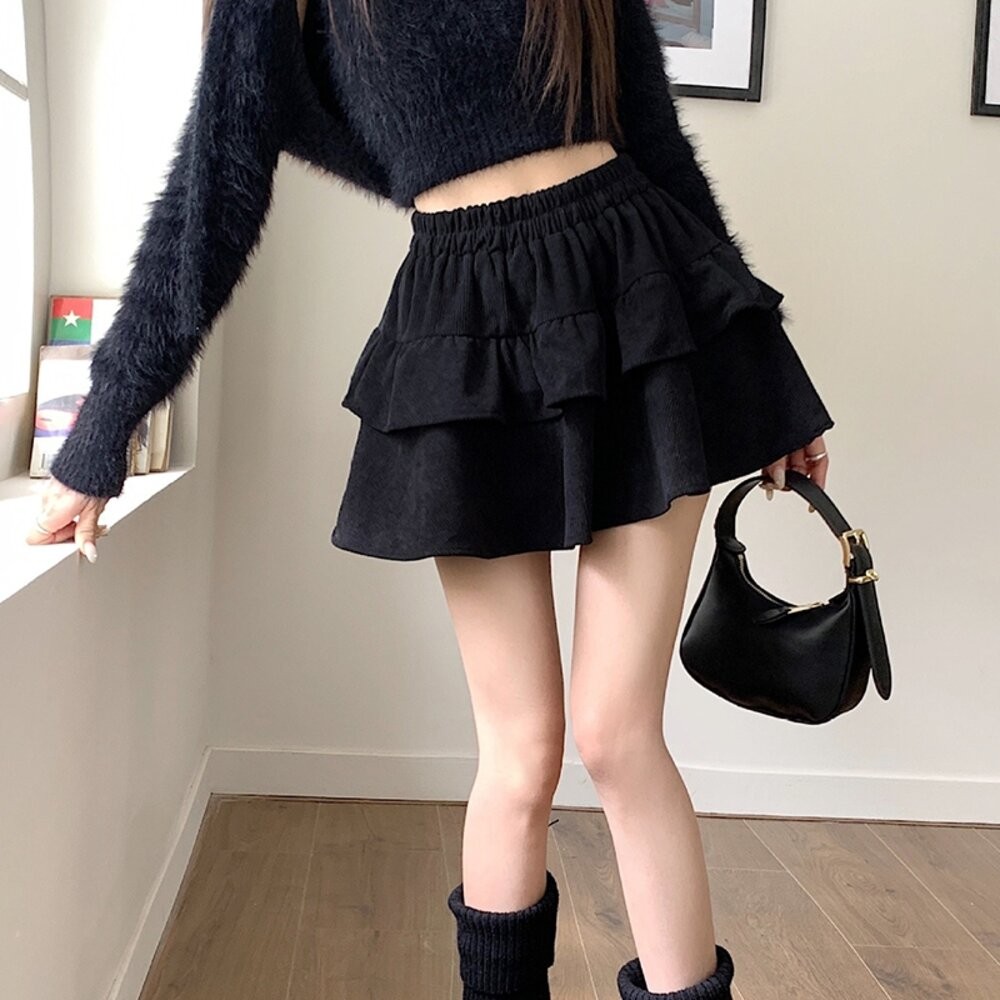 【台灣發貨】韓版燈芯絨高腰雙層蛋糕裙 內有安全褲 短褲 褲子 裙子 褲裙 女裝【P415】-細節圖6