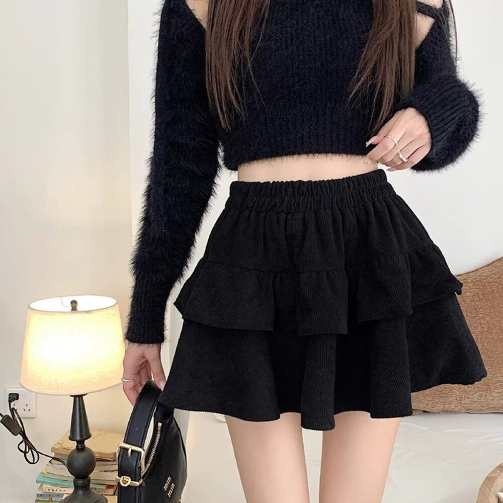 【台灣發貨】韓版燈芯絨高腰雙層蛋糕裙 內有安全褲 短褲 褲子 裙子 褲裙 女裝【P415】-細節圖8