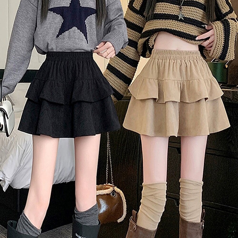 【台灣發貨】韓版高腰顯瘦燈芯絨蓬蓬裙 內有安全褲 裙子 褲裙 長裙 女裝【P415】-細節圖2