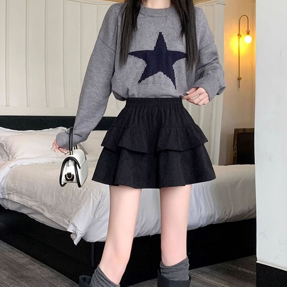 【台灣發貨】韓版高腰顯瘦燈芯絨蓬蓬裙 內有安全褲 裙子 褲裙 長裙 女裝【P415】-細節圖3