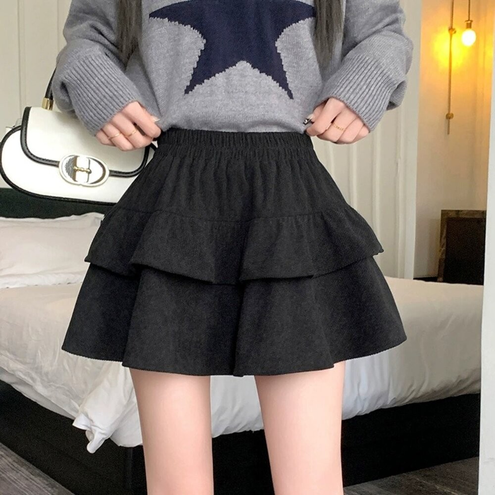 【台灣發貨】韓版高腰顯瘦燈芯絨蓬蓬裙 內有安全褲 裙子 褲裙 長裙 女裝【P415】-細節圖5