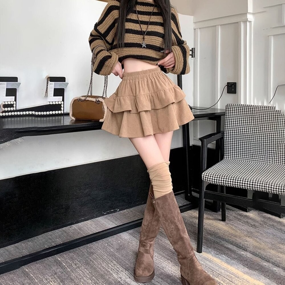 【台灣發貨】韓版高腰顯瘦燈芯絨蓬蓬裙 內有安全褲 裙子 褲裙 長裙 女裝【P415】-細節圖6