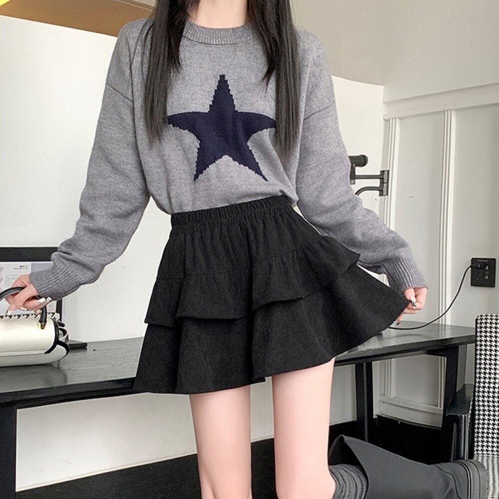 【台灣發貨】韓版高腰顯瘦燈芯絨蓬蓬裙 內有安全褲 裙子 褲裙 長裙 女裝【P415】-細節圖7