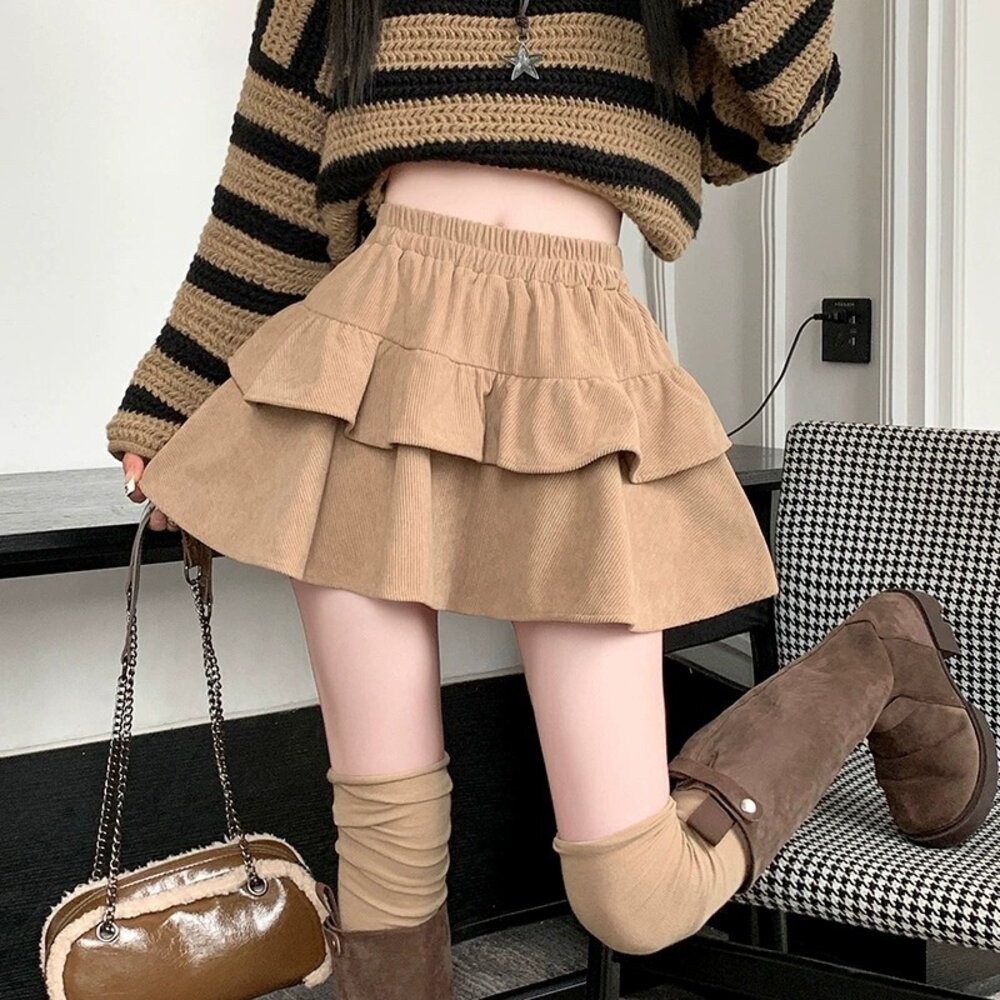 【台灣發貨】韓版高腰顯瘦燈芯絨蓬蓬裙 內有安全褲 裙子 褲裙 長裙 女裝【P415】-細節圖8