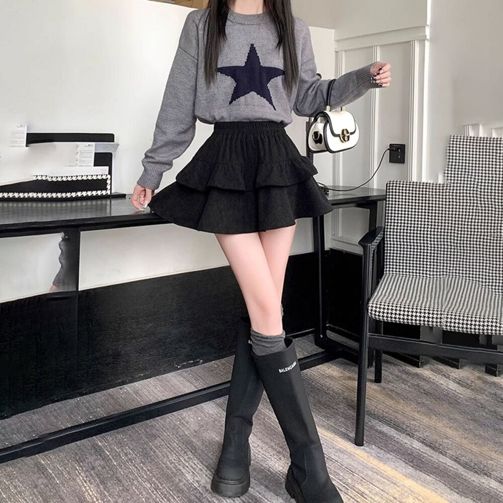 【台灣發貨】韓版高腰顯瘦燈芯絨蓬蓬裙 內有安全褲 裙子 褲裙 長裙 女裝【P415】-細節圖9