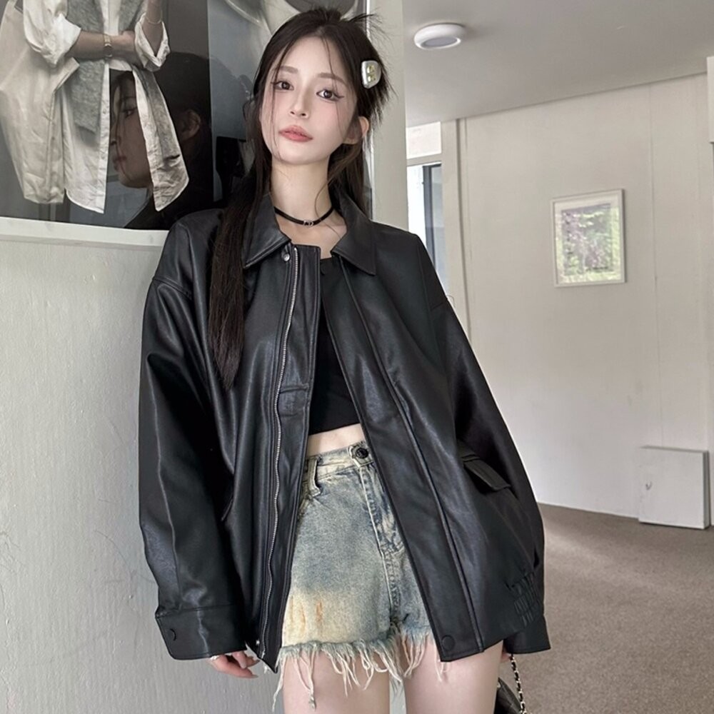 【台灣發貨】韓版復古皮衣外套 外套 防曬外套 女裝 上衣 衣服【J382】-細節圖2