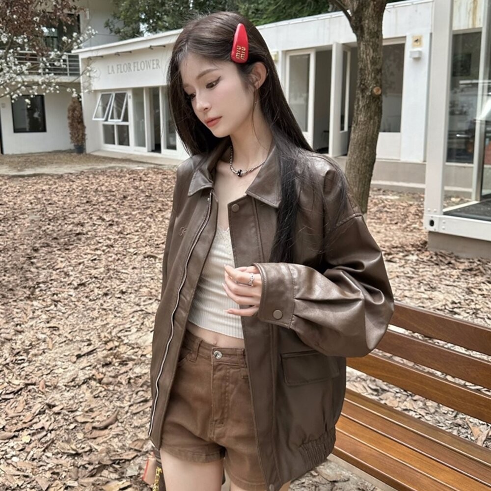 【台灣發貨】韓版復古皮衣外套 外套 防曬外套 女裝 上衣 衣服【J382】-細節圖3