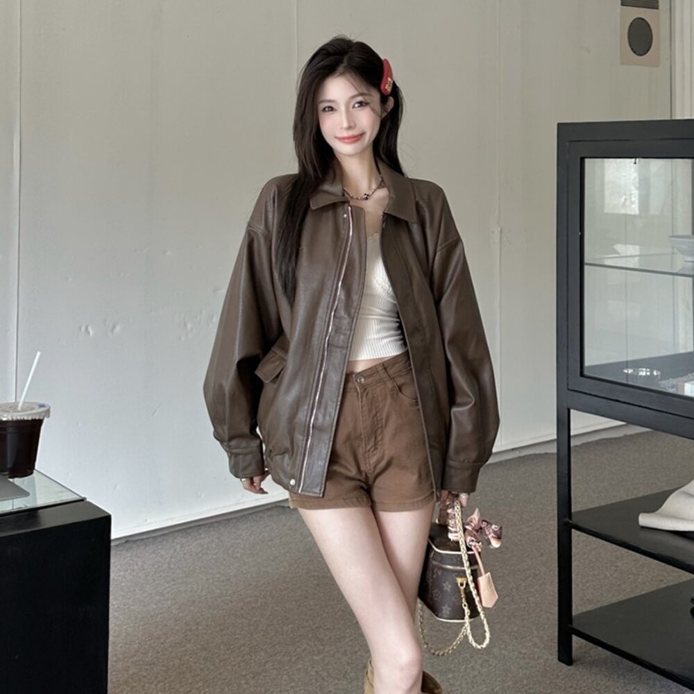【台灣發貨】韓版復古皮衣外套 外套 防曬外套 女裝 上衣 衣服【J382】-細節圖9