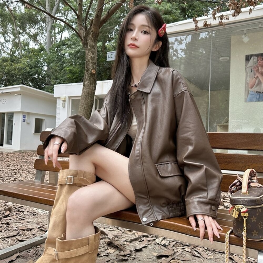 【台灣發貨】韓版氣質寬鬆皮外套 外套 防曬外套 女裝 上衣 衣服【J382】-細節圖4
