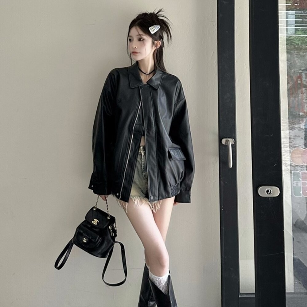 【台灣發貨】韓版氣質寬鬆皮外套 外套 防曬外套 女裝 上衣 衣服【J382】-細節圖5