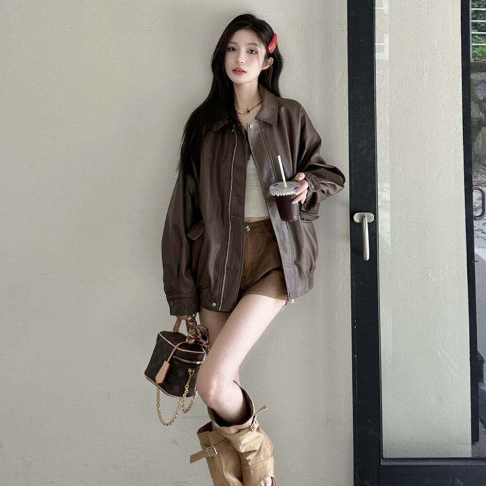 【台灣發貨】韓版氣質寬鬆皮外套 外套 防曬外套 女裝 上衣 衣服【J382】-細節圖6
