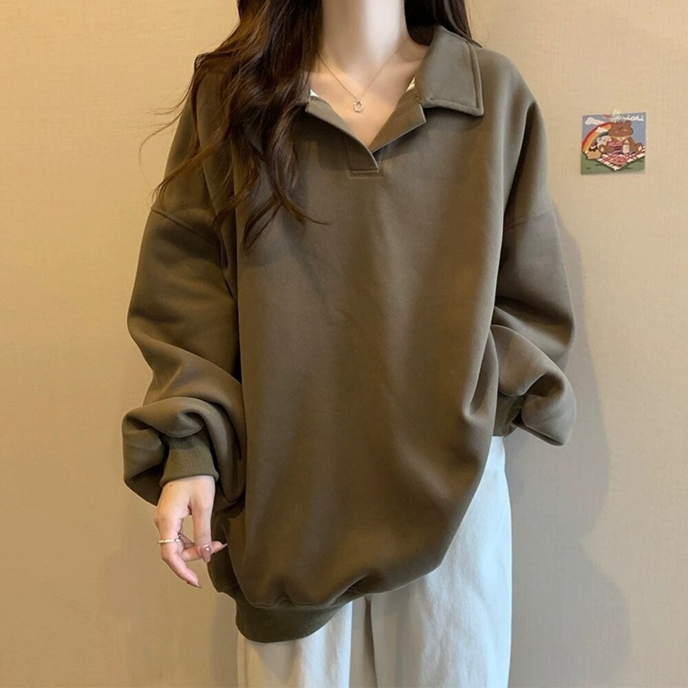 【台灣發貨】韓版內刷毛翻領寬鬆顯瘦長袖上衣 長袖上衣 長袖t恤 衣服 女裝 上衣【W682】-細節圖2