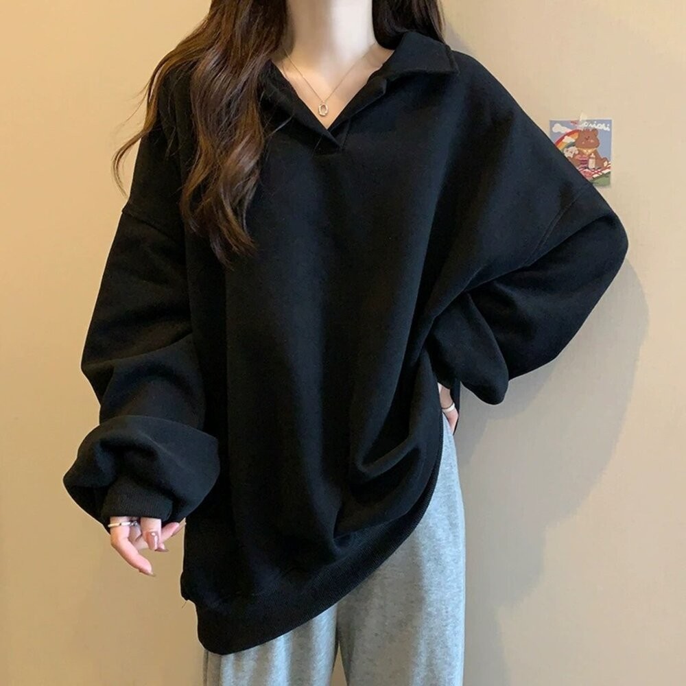 【台灣發貨】韓版內刷毛翻領寬鬆顯瘦長袖上衣 長袖上衣 長袖t恤 衣服 女裝 上衣【W682】-細節圖3