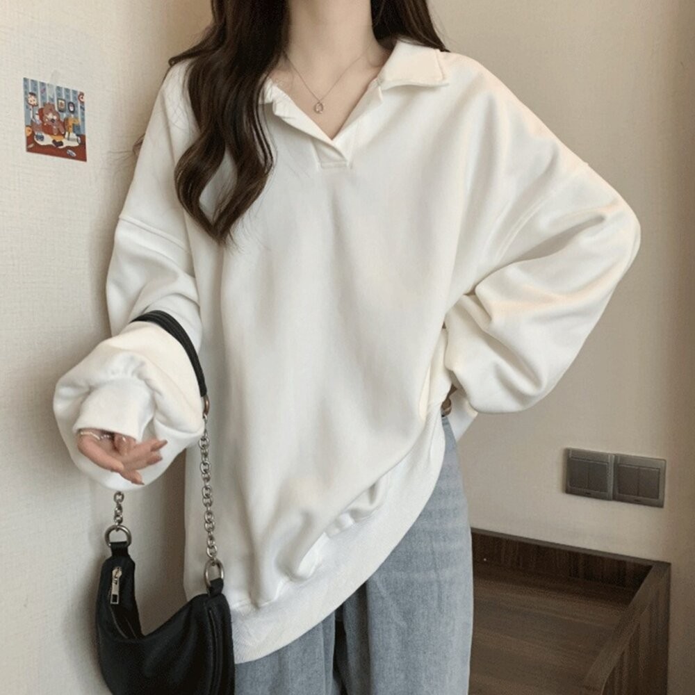 【台灣發貨】韓版內刷毛翻領寬鬆顯瘦長袖上衣 長袖上衣 長袖t恤 衣服 女裝 上衣【W682】-細節圖4