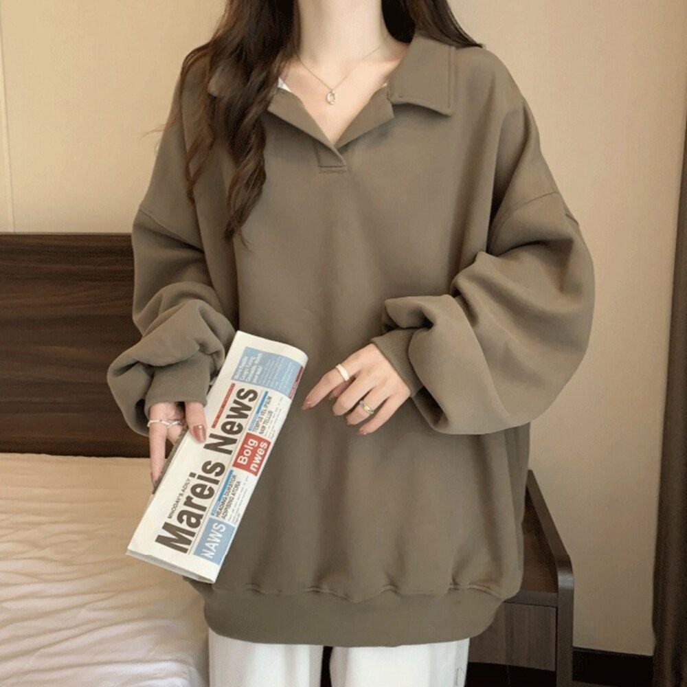 【台灣發貨】韓版內刷毛翻領寬鬆顯瘦長袖上衣 長袖上衣 長袖t恤 衣服 女裝 上衣【W682】-細節圖5