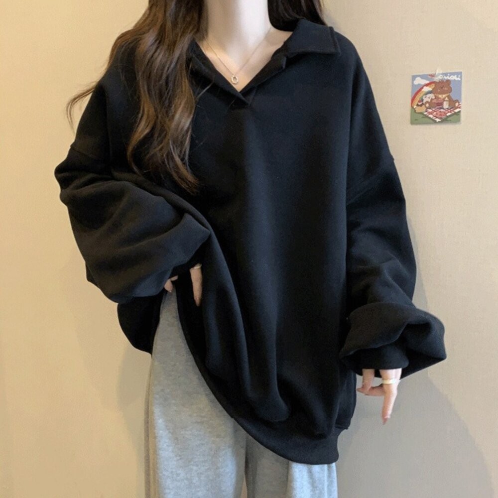 【台灣發貨】韓版內刷毛翻領寬鬆顯瘦長袖上衣 長袖上衣 長袖t恤 衣服 女裝 上衣【W682】-細節圖6