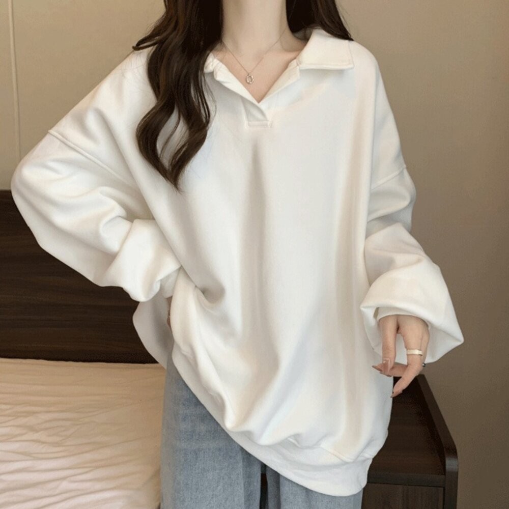 【台灣發貨】韓版內刷毛翻領寬鬆顯瘦長袖上衣 長袖上衣 長袖t恤 衣服 女裝 上衣【W682】-細節圖7