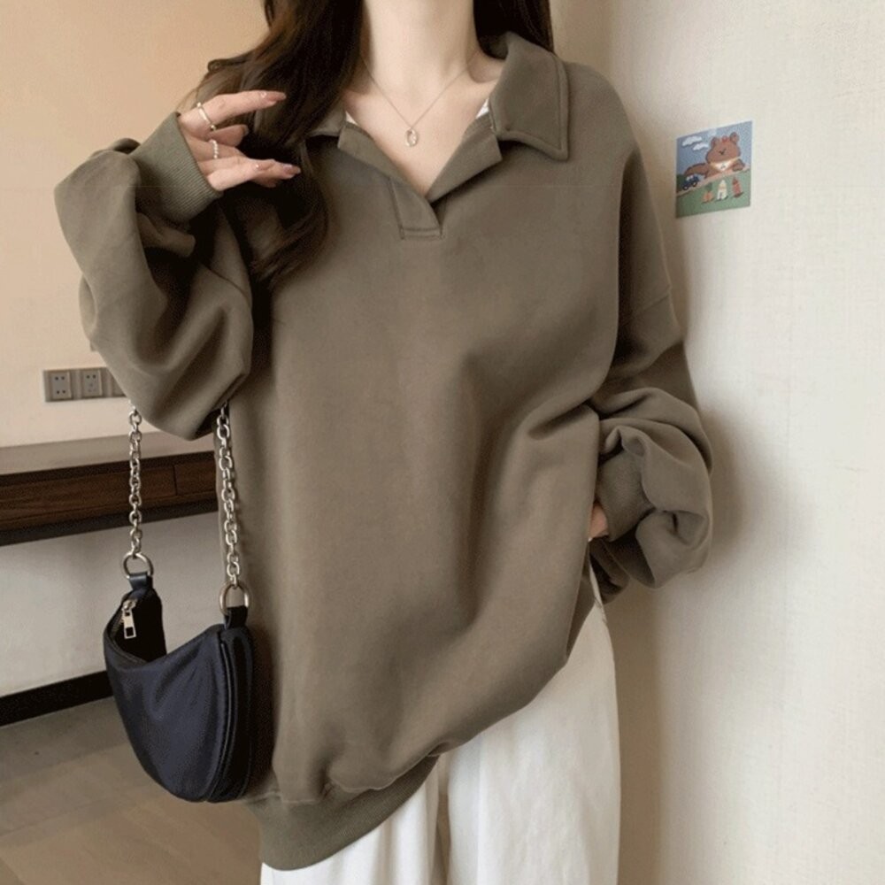 【台灣發貨】韓版內刷毛翻領寬鬆顯瘦長袖上衣 長袖上衣 長袖t恤 衣服 女裝 上衣【W682】-細節圖8