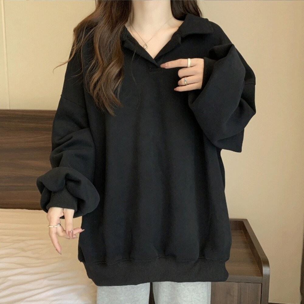 【台灣發貨】韓版內刷毛翻領寬鬆顯瘦長袖上衣 長袖上衣 長袖t恤 衣服 女裝 上衣【W682】-細節圖9