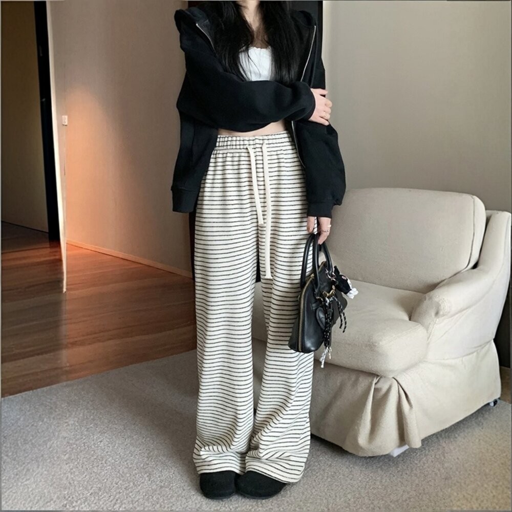 【台灣發貨】韓版顯瘦直筒條紋高腰垂感休閒褲 寬褲 褲子 女裝【P326】-細節圖2