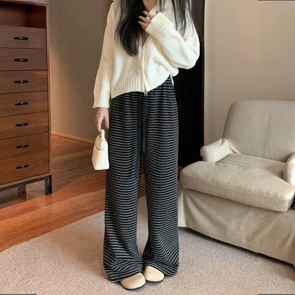 【台灣發貨】韓版顯瘦直筒條紋高腰垂感休閒褲 寬褲 褲子 女裝【P326】-細節圖3