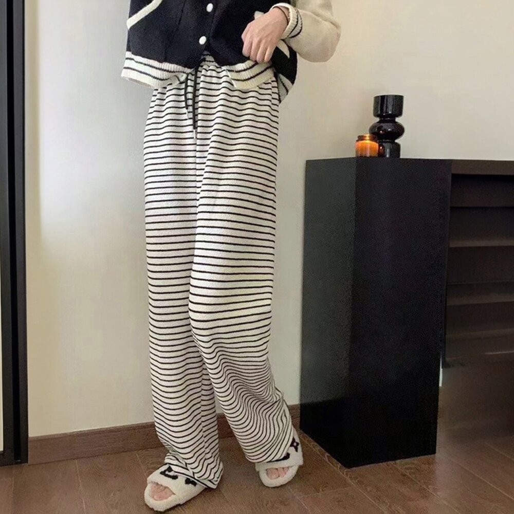 【台灣發貨】韓版顯瘦直筒條紋高腰垂感休閒褲 寬褲 褲子 女裝【P326】-細節圖4