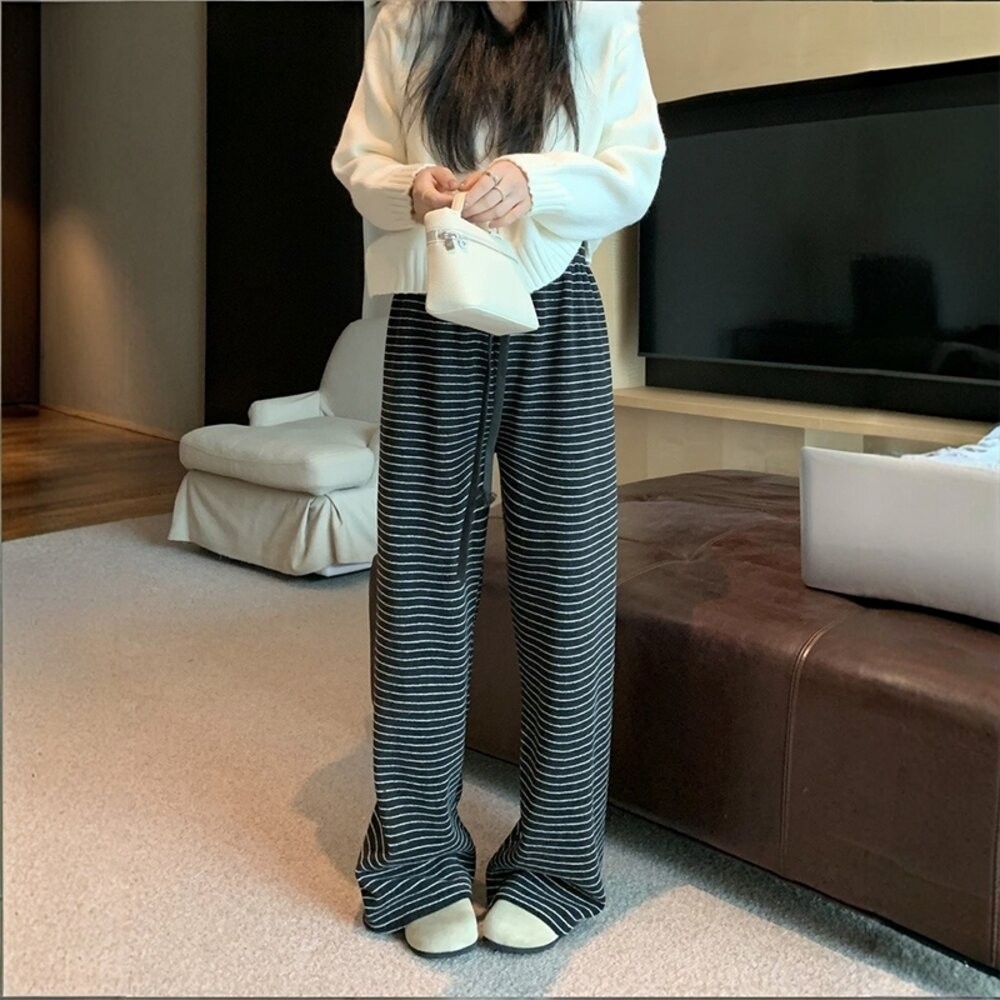 【台灣發貨】韓版顯瘦直筒條紋高腰垂感休閒褲 寬褲 褲子 女裝【P326】-細節圖5