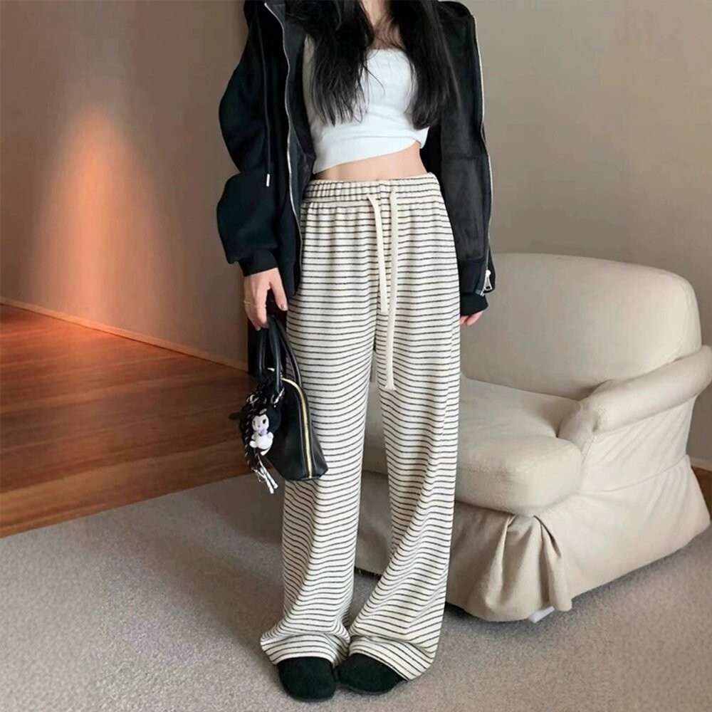【台灣發貨】韓版顯瘦直筒條紋高腰垂感休閒褲 寬褲 褲子 女裝【P326】-細節圖6
