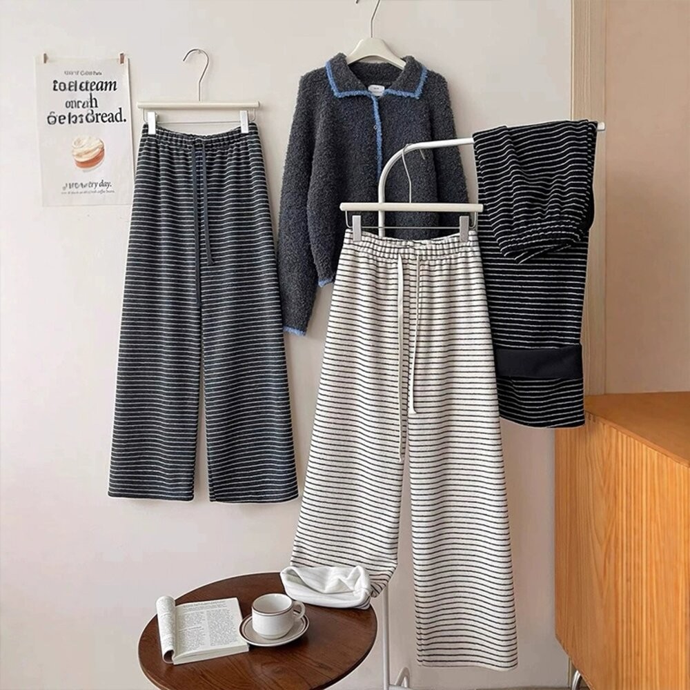 【台灣發貨】韓版顯瘦直筒條紋高腰垂感休閒褲 寬褲 褲子 女裝【P326】-細節圖7