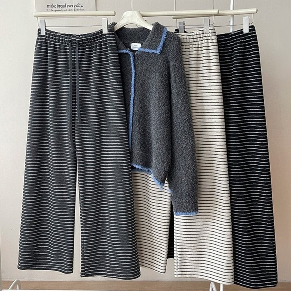 【台灣發貨】韓版顯瘦直筒條紋高腰垂感休閒褲 寬褲 褲子 女裝【P326】-細節圖8