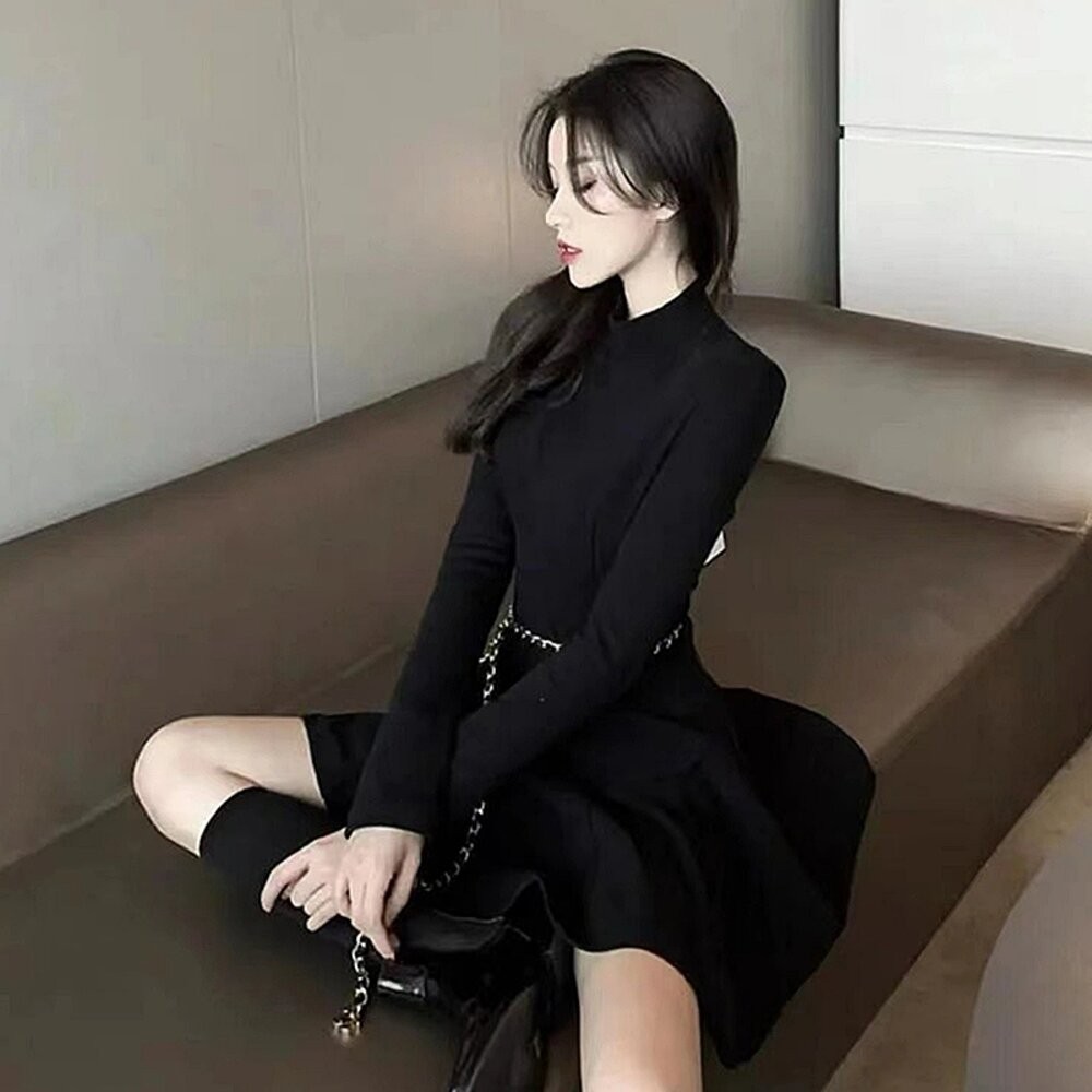 【台灣發貨】韓版半高領收腰氣質洋裝 連身裙 吊帶裙 吊帶褲 女裝【S377】-細節圖2