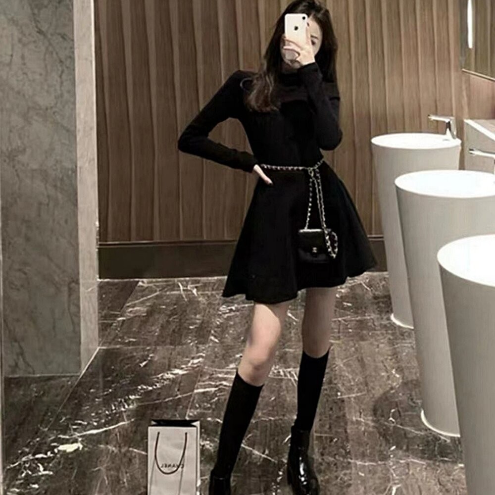 【台灣發貨】韓版半高領收腰氣質洋裝 連身裙 吊帶裙 吊帶褲 女裝【S377】-細節圖4