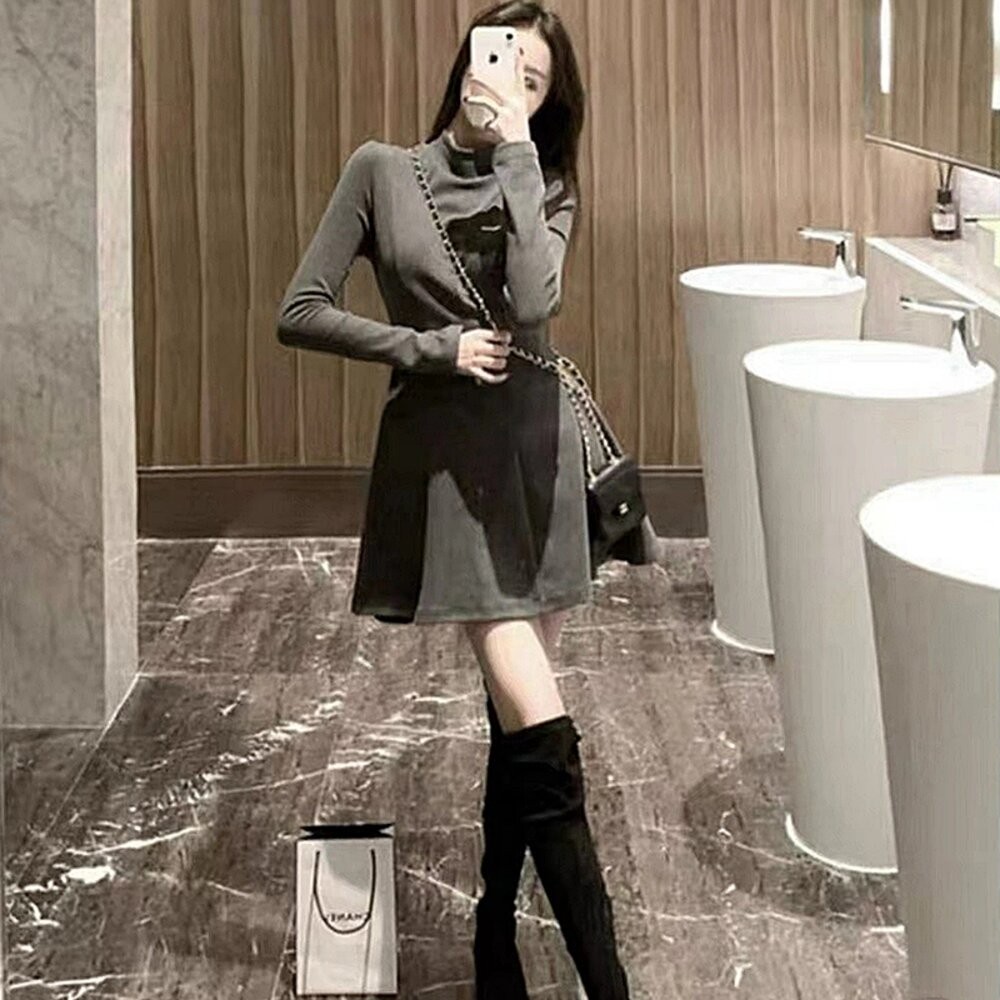 【台灣發貨】韓版半高領收腰氣質洋裝 連身裙 吊帶裙 吊帶褲 女裝【S377】-細節圖6
