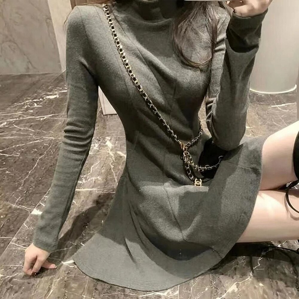 【台灣發貨】韓版半高領收腰氣質洋裝 連身裙 吊帶裙 吊帶褲 女裝【S377】-細節圖7