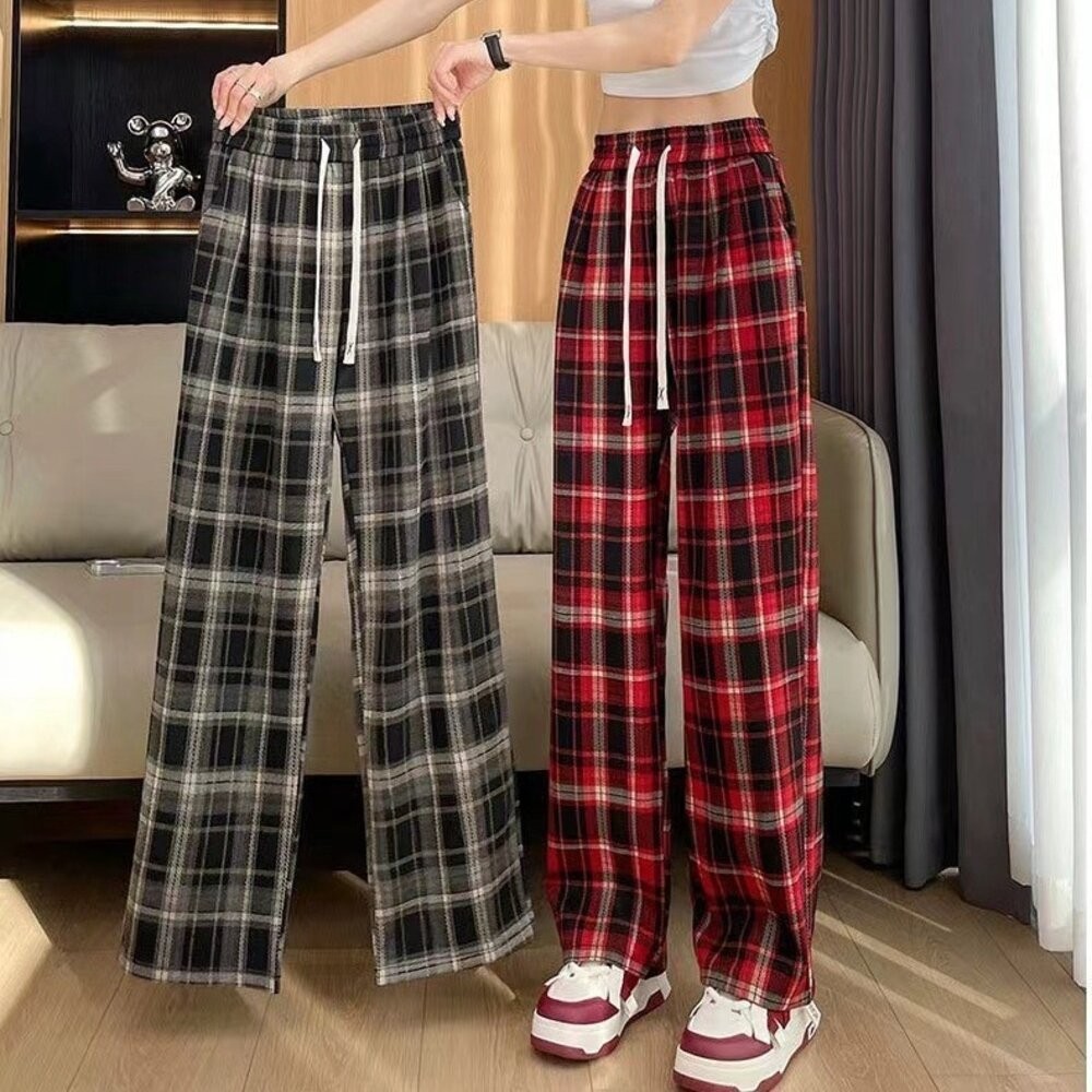 【台灣發貨】韓版加厚保暖內刷毛格紋褲 寬褲 褲子 女裝【P358】-細節圖3