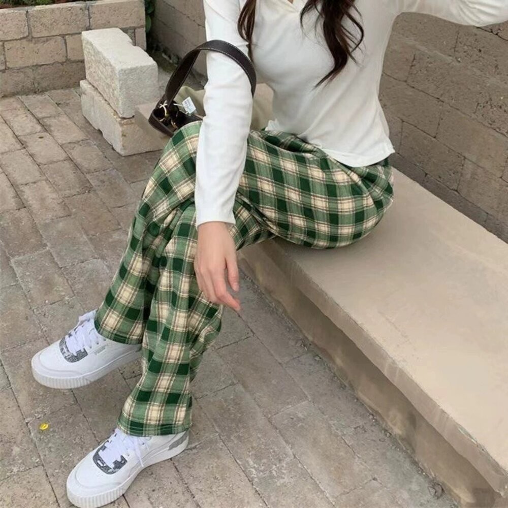 【台灣發貨】韓版加厚保暖內刷毛格紋褲 寬褲 褲子 女裝【P358】-細節圖4