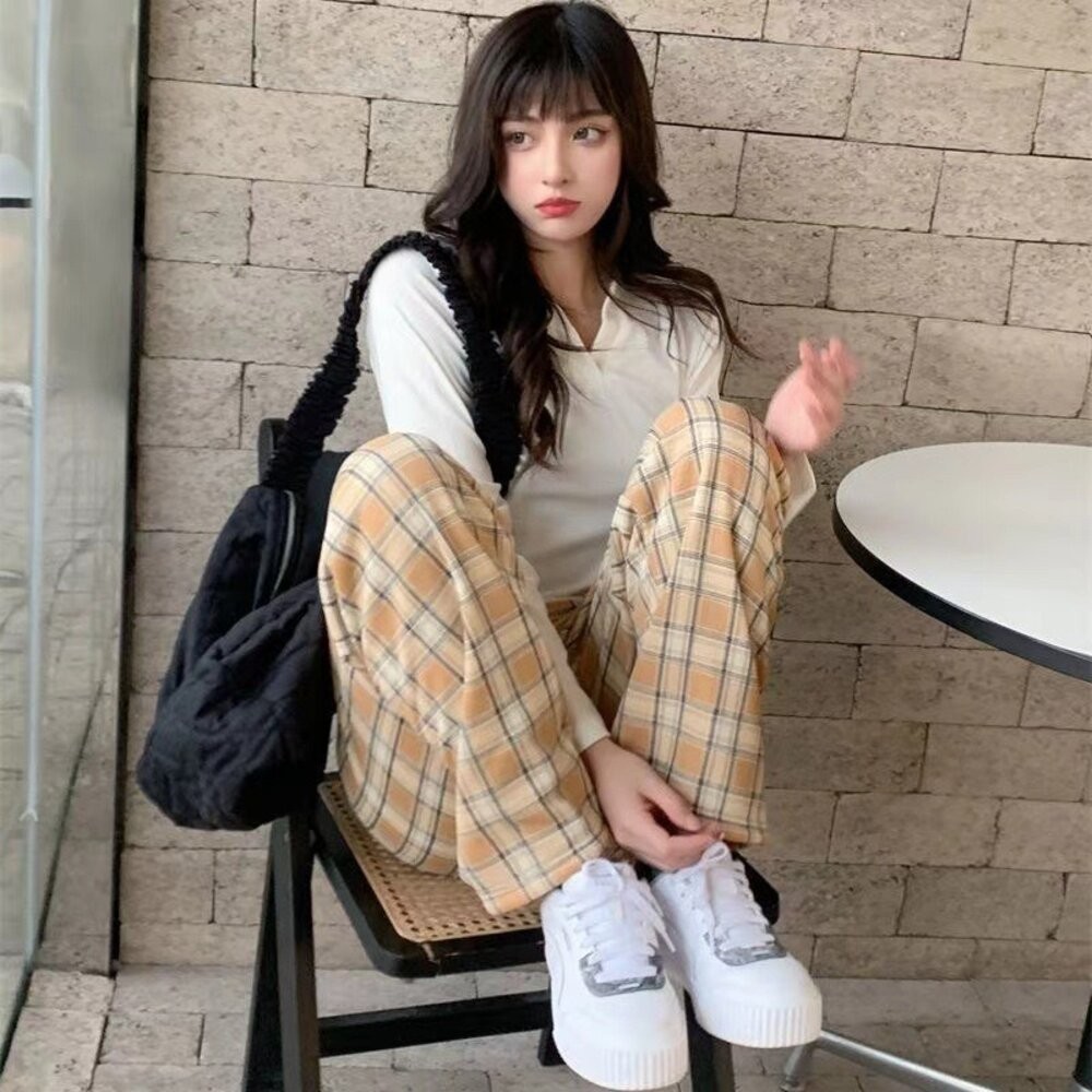 【台灣發貨】韓版加厚保暖內刷毛格紋褲 寬褲 褲子 女裝【P358】-細節圖6