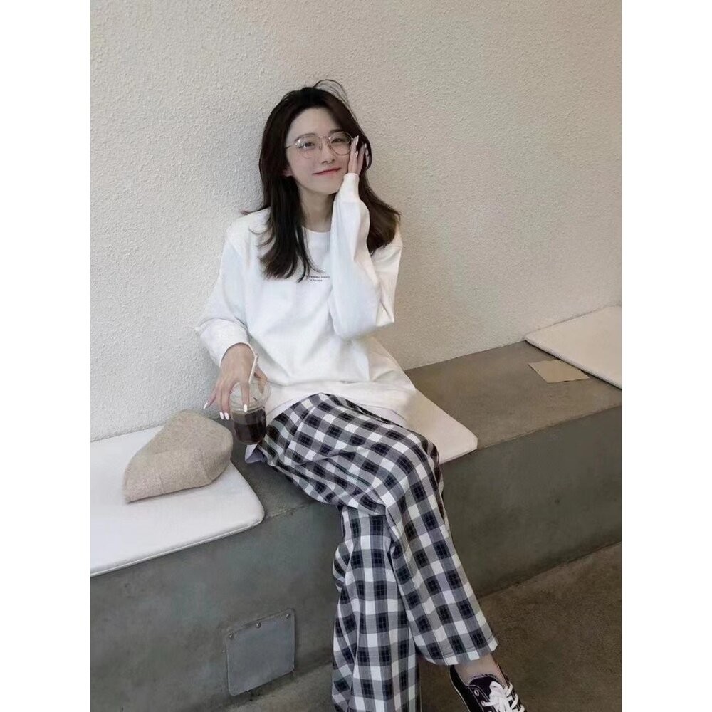 【台灣發貨】韓版加厚保暖內刷毛格紋褲 寬褲 褲子 女裝【P358】-細節圖7