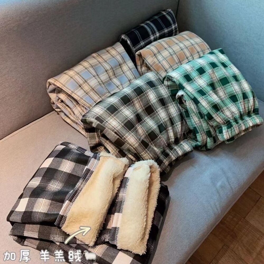 【台灣發貨】韓版加厚保暖內刷毛格紋褲 寬褲 褲子 女裝【P358】-細節圖8