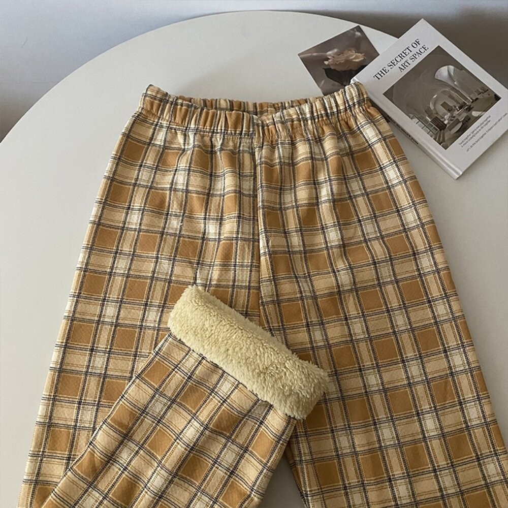 【台灣發貨】韓版加厚保暖內刷毛格紋褲 寬褲 褲子 女裝【P358】-規格圖9