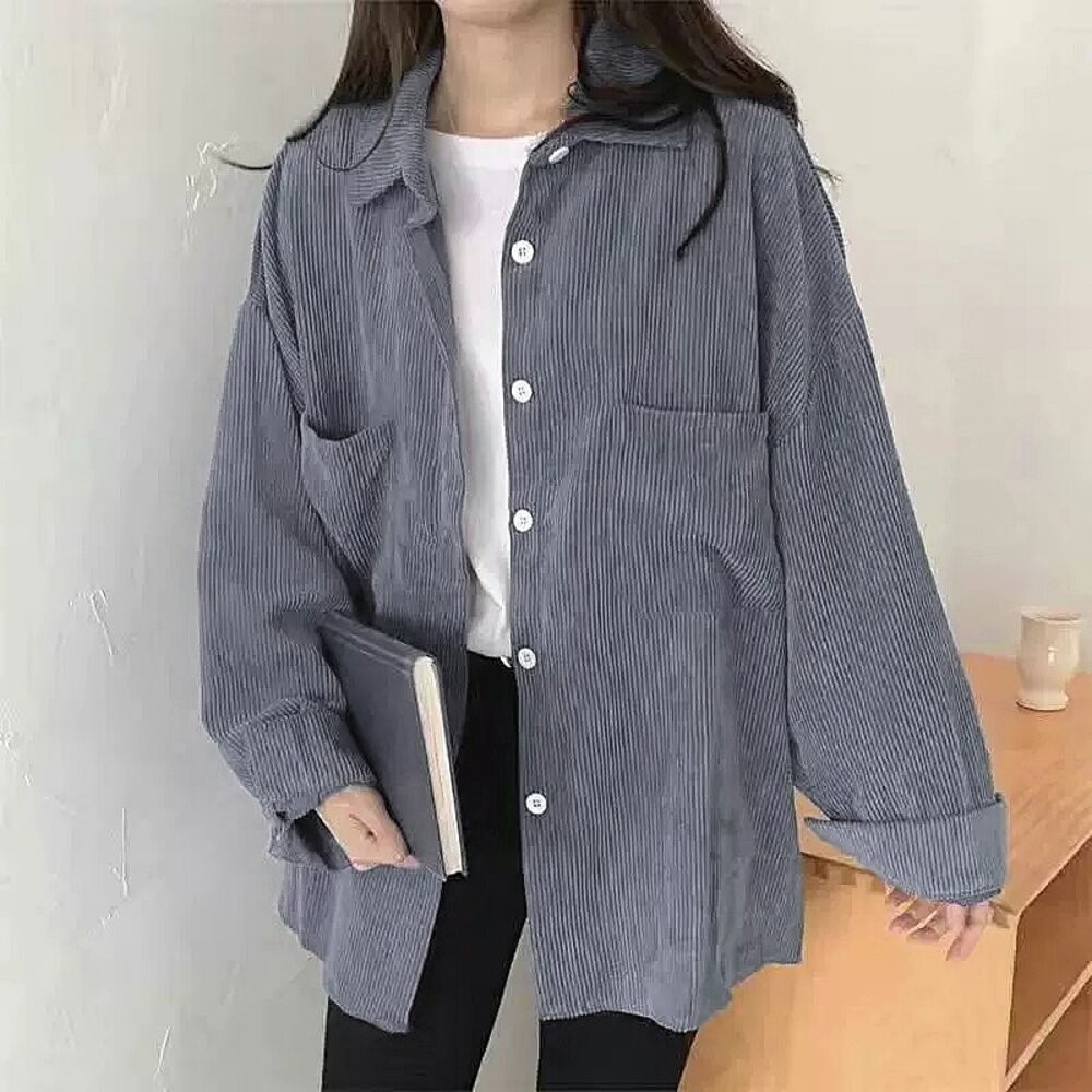 【台灣發貨】韓版寬鬆復古燈芯絨外套 外套 防曬外套 女裝 上衣 衣服【J140】-細節圖2